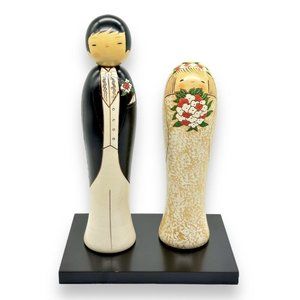 9.25" Kokeshi Japanese Wedding Wooden Doll Set w/Stand Bride Groom Gift